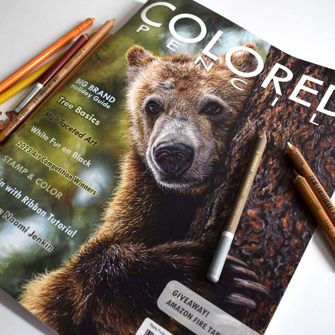 Bear painting by Naomi Jenkin Art on front cover of Colored Pencil Magazine December 2023